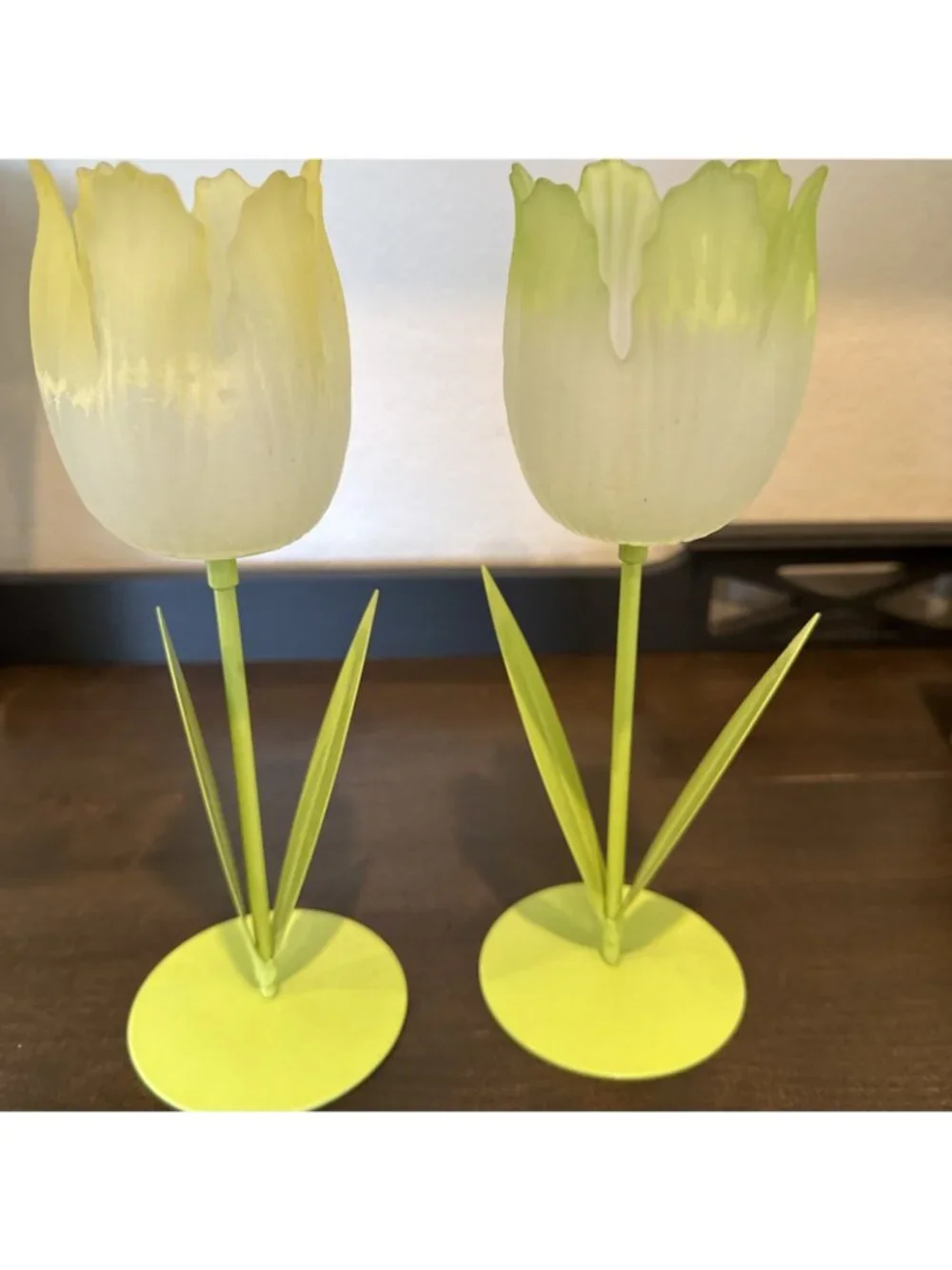 Vtg Lime - Yellow Frosted Tulip Flower Votive Tea Light Candle Holders Glass Mtl